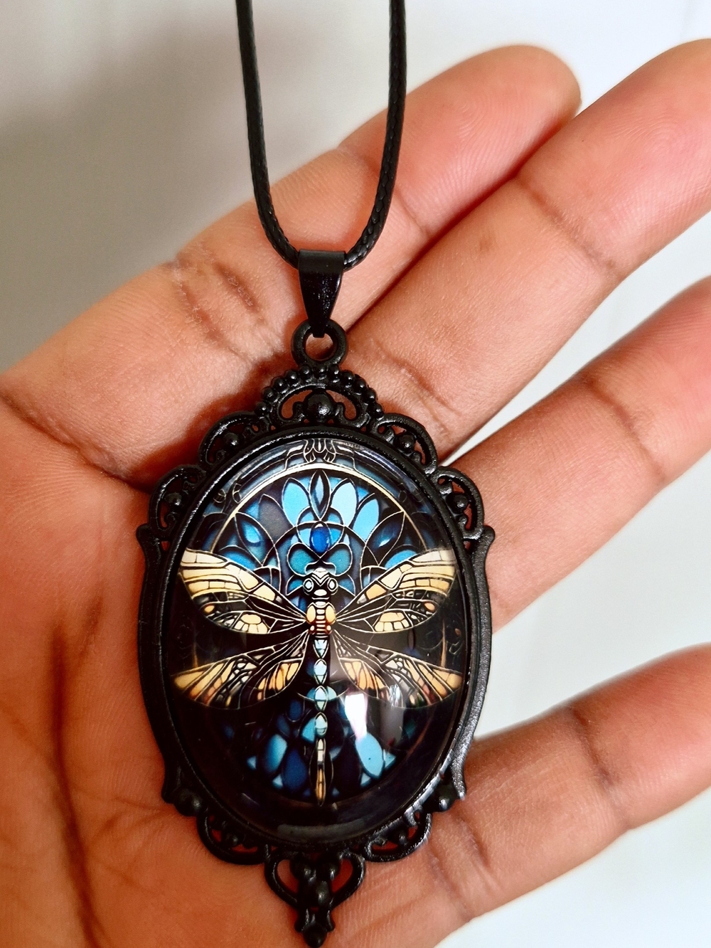 Black Dragonfly Pendant Necklace with Blue Accent